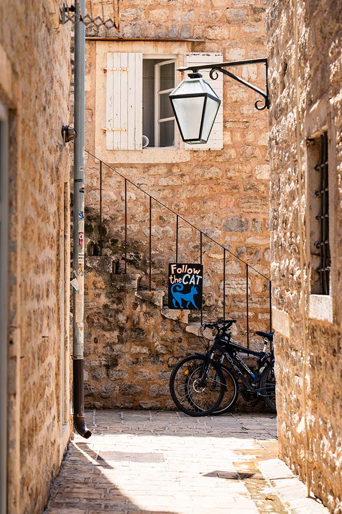 布德瓦 Budva 古城區石板街道與 Follow the Cat 指示牌,貓咪出沒的迷人小巷景點